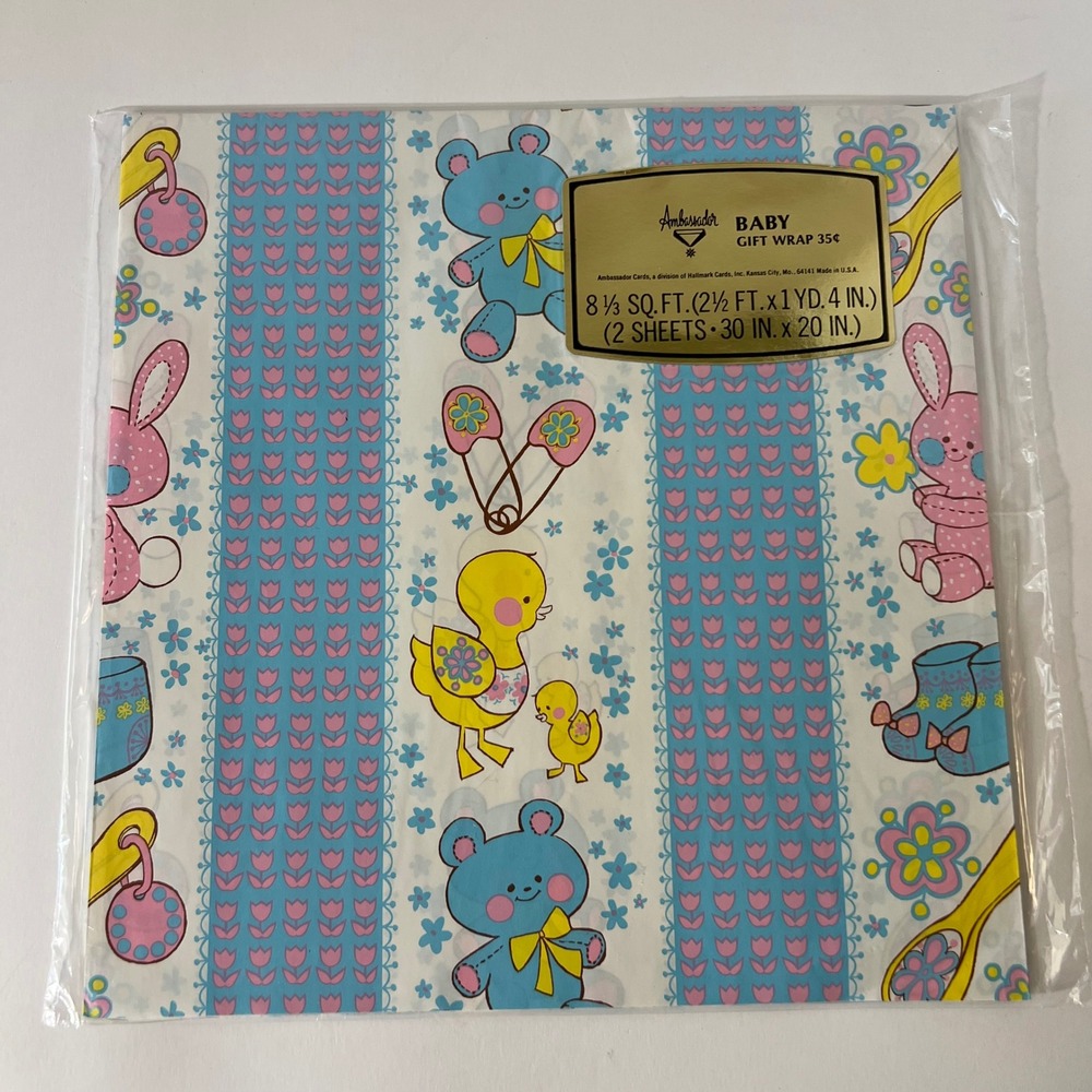 Vintage Ambassador‎ Hallmark Baby Gift Wrap 2 Sheets Blue Bear Pink Bunny USA